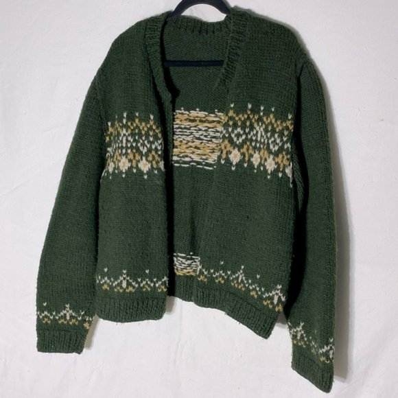 Handmade Hand Knit Green Yellow Open Front Cardigan XL - Picture 11 of 11